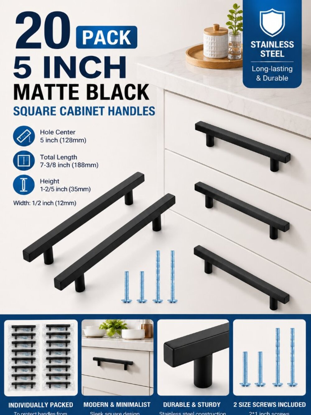20 Pack 5" Matte Black Stainless Steel Square Cabinet Handle Pulls